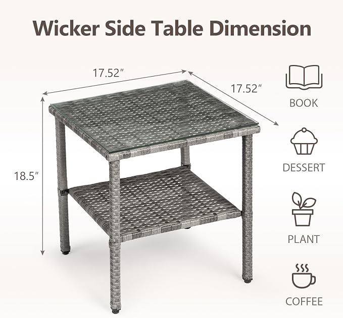 Outdoor PE Wicker Side Table with Storage, Patio Rattan End Table Square Glass Top Table for Furniture Gardening Tools