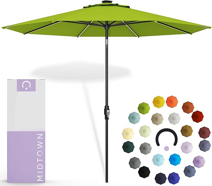 Midtown Umbrellas The LED Swilt 8 Feet Patio Umbrella With Terylast Pear (Green) Polyester Fabric - Auto-Tilt Aluminum Frame With LED Lights For Backyard, Deck, Garden, Pool - Black Pole