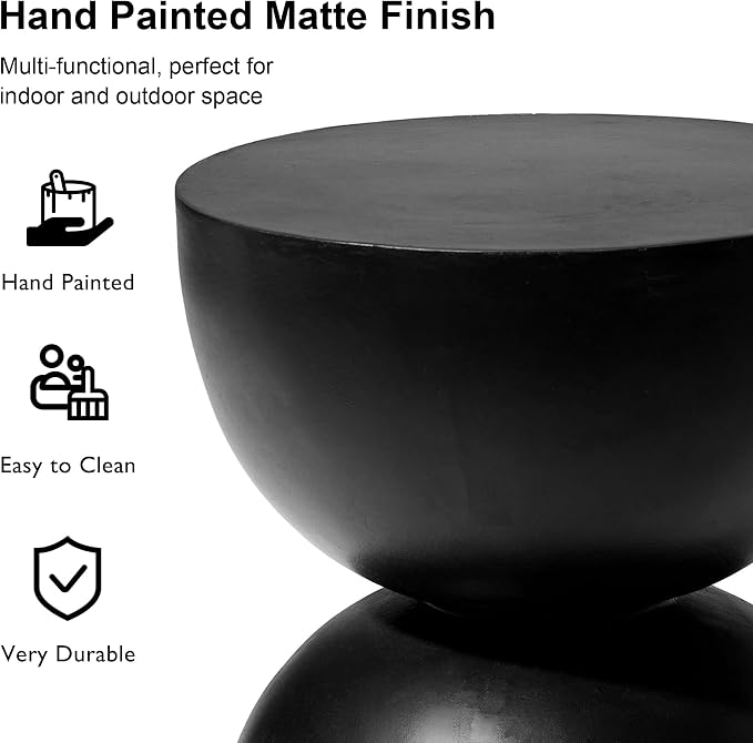 Glitzhome Outdoor Side Table, Round Small End Table with Terrazzo Finish MGO Hourglass Garden Stool, Set of 2 Lightweight Decorative Accent Table for Living Room Planter Stand Patio Pool Porch, Black