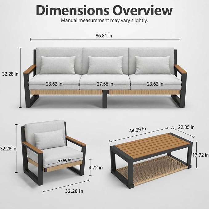 Aluminum Patio Furniture Set 5 Seats, Oversized Outdoor Sectional with Washable Thick Cushions, Coffee Table and Waterproof Cover, Patio Conversation Sets for Porch, Balcony, Deck Yellow