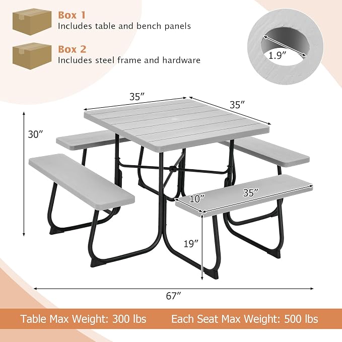 Giantex Picnic Table Bench Set for 8 Persons, Square Outdoor Table with Umbrella Hole, HDPE Top & Metal Frame, 2000LBS Capacity, Patio Table Bench Set for Deck Backyard Garden, Gray