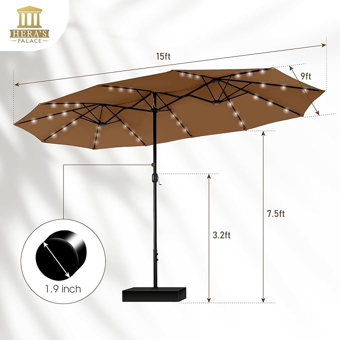 HERA'S PALACE 15ft Patio Umbrella with Base Included Double Sided Outdoor Umbrella for Patio Table Umbrella Outdoor 36 LED Solar Lights for Garden