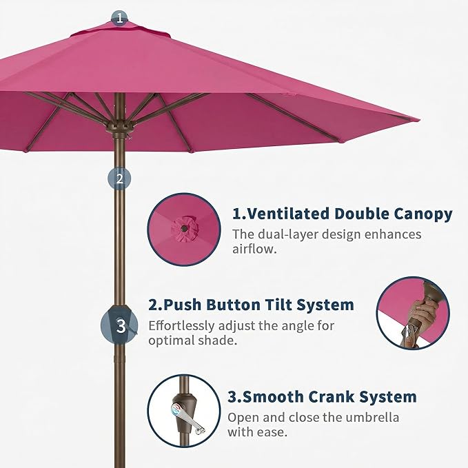 10FT Patio Umbrella Outdoor Market Umbrella with Crank and Tilt, 8 Flexible Fiberglass Ribs, UV-Resistant Waterproof Canopy for Patio, Deck, Garden, Backyard, Rose Pink