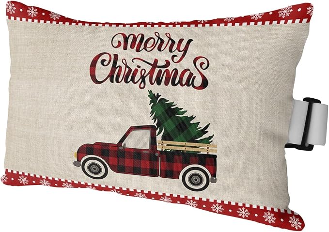 Outdoor Pillows Covers with Inserts Merry Christmas Buffalo Check Plaid Truck Tree Waterproof Pillow with Adjustable Strap Throw Pillows for Patio Furniture Recliner Lounge Chair, 11x16 inch, 1PCS