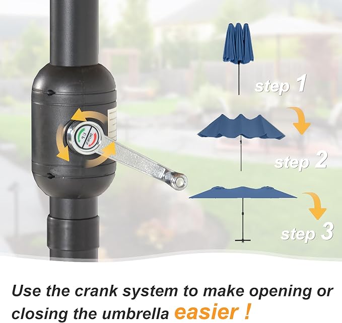 Kullavik 15FT Outdoor Patio Umbrella,Large Umbrella with 10 Heavy iron rib,sun umbrella with Crank Handle,Parasol for Poolside,Beach,Backyard,Navy Blue