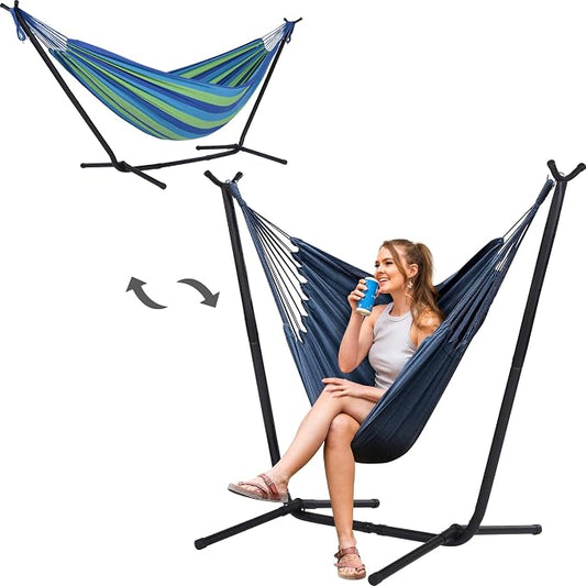 SUNCREAT 2-in-1 Convertible Swing Chair with Stand Included, Outdoor Hammocks for Outside, Patented, Green Strip