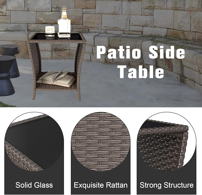Kinsuite PE Rattan Patio Side Table - Outdoor Wicker End Table with Black Glass Top, Rattan Coffe Table in Iron Frame for Backyard Balcony Poolside, Dark Brown