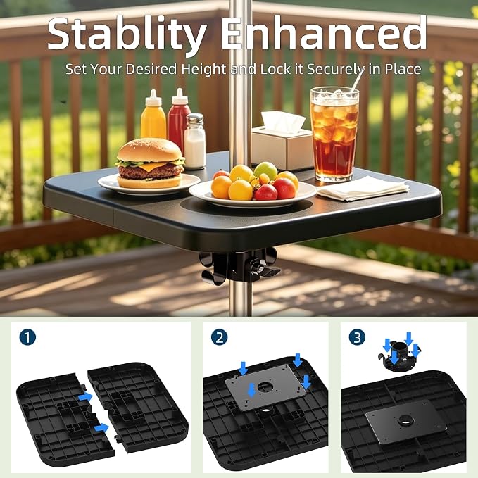 Outdoor Umbrella Table Tray with Hooks, 16.54" Square Black ABS Plastic, Adjustable, Fits 1.5" Umbrella Pole for Beach, Backyard, Poolside, Garden, Patio