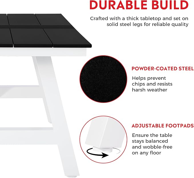 Costaelm Outdoor Dining Tables for Patio, 72" Rectangle 6-Person HDPE Dining Table with Umbrella Hole and Metal Frame for Outside, Garden, Poolside, Backyard, Porch, Balcony, Black