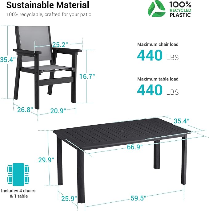 5-Piece HDPE Outdoor Dining Set for 4, Outdoor Table and Chairs | Weather Resistant Patio Table and Textilene Chairs set, Square Table with Umbrella Hole for Garden, Backyard and Lawn, Black