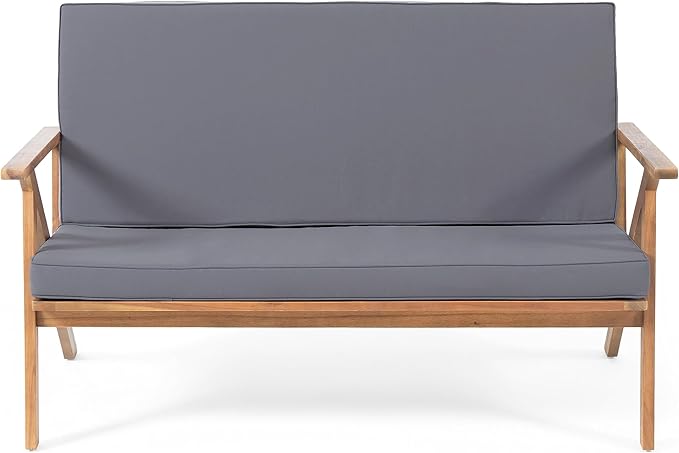 Christopher Knight Home Panama Outdoor Acacia Wood Chat Set with Water Resistant Cushions, 4-Pcs Set, Teak Finish / Grey