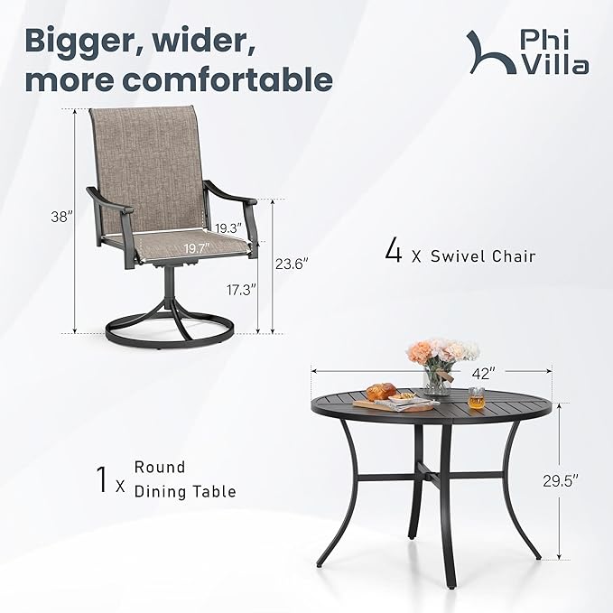 PHI VILLA 5 pcs Patio Dining Set,Outdoor Swivel Dining Chairs 4 and Round Metal Dining Table,Quick-Dry Textilene Fabric and Sturdy Metal Frame,Outdoor Table and Chairs for Yard