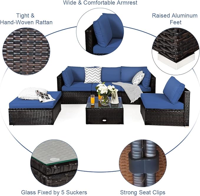 COSTWAY 6-Piece Outdoor Patio Furniture Set, Rattan Sectional Sofa Set with Tempered Glass Coffee Table, Cushions and Ottoman for Garden, Deck, Backyard (Navy)