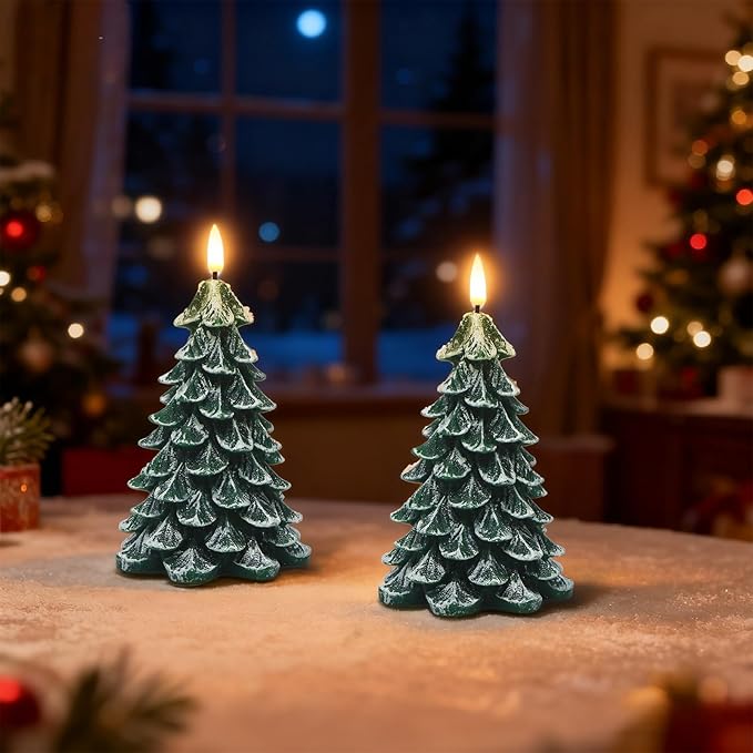 Wondise Christmas Tree Flameless Candles with 6H Timer, 2 Pcs Real Wax Battery Operated LED Candles Flickering, 3D Wick Green Electric Candles for Christmas Holiday Decorations