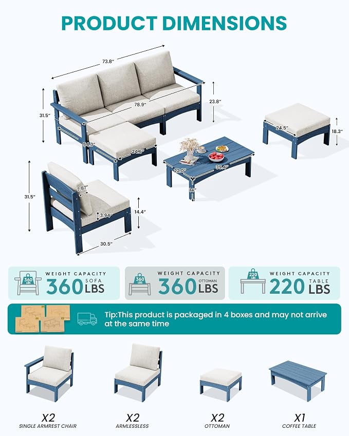 SERWALL 7 Pieces Patio Conversation Set, Heavy Duty HDPE Outdoor Sectional Sofas with Cushions and Coffee, All-Weather Outdoor Couch Set for Backyard, Deck and Porch, Blue Frame with Khaki Cushion