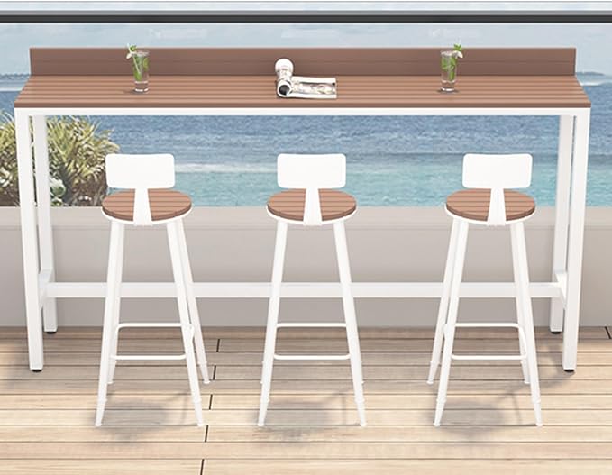 Outdoor Bar Table, Patio Pub Height Table with Anti-Fall Baffle, All-Weather Bar Height Counter Table, Narrow Dining Table for Hot Tub, Garden & Backyard(Color:White+Wood,Size:L-70.8in)