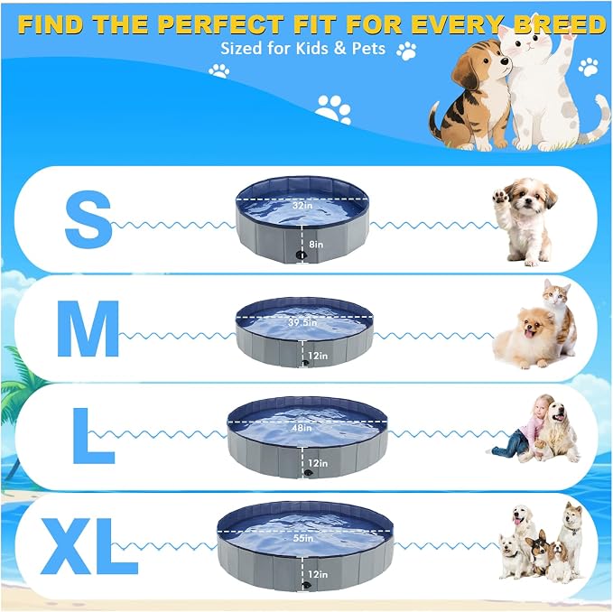 Eooqi Foldable Dog Pool, Collapsible Pet Bath Tub & Kiddie Wading Pool, Portable Hard-Side Dog Swimming Pool for Puppies, Small & Medium Dogs, Cats and Kids (Gray, 48"-L)
