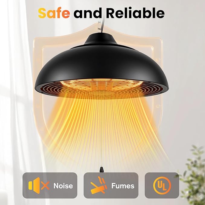 1500W Electric Hanging Patio Heater, 3S Instant Heat, Ceiling-Mounted Outdoor Heater with 3 Modes, Quiet Operation, Overheat Protection, IP55 Waterproof for Patio, Balcony & Garage