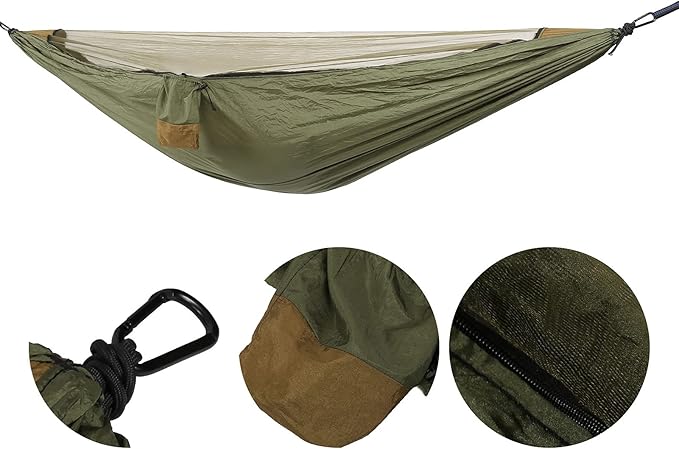 Camping Hammock with Mosquito Net,Single Hammock,Camping Hammock Lightweight, Nylon Camping Bed Net Swing 280x140cm (Military Green + Camel Color)
