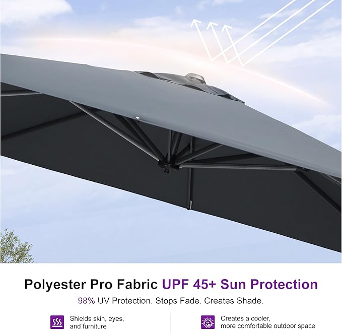 PURPLE LEAF 10'×10' Patio Umbrella with Base and Cover Outdoor Large Cantilever Umbrella Windproof Offset Heavy Duty Sun Umbrella for Garden Deck Pool Patio Grey