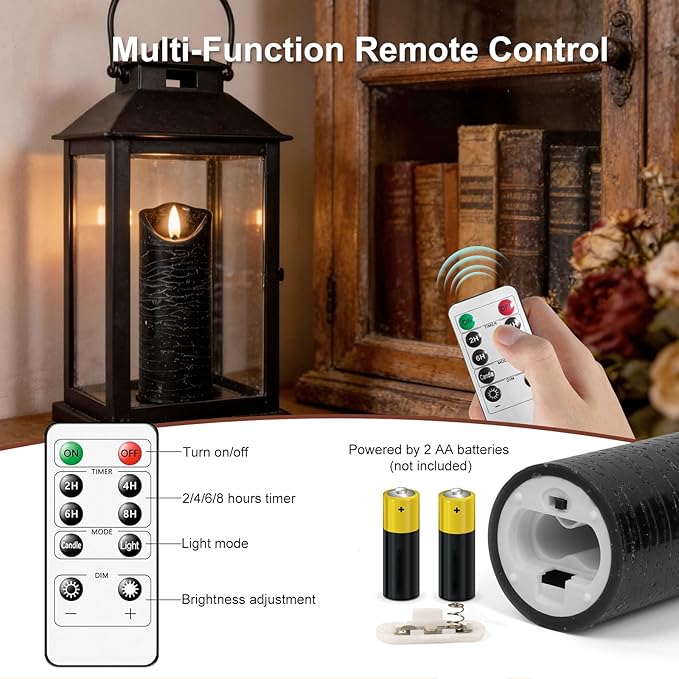 Flickering Flameless LED Candles with 5 PCS (H5 5.5" 6" 7" 8"), Fake Battery Operated Pillar Candles - 3D, Remote and Timers, Real Wax Candles for Home/Wedding/Fireplace Xmas Decor (Black)