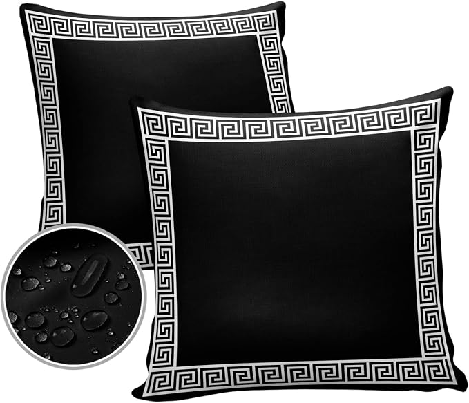 Prime Leader Outdoor Waterproof Pillow Covers Set of 2, Chinese Style Pattern Black Background Patio Throw Pillow Covers, Decorative Cushion Case for Couch Sofa Furniture Garden, 24x24 Inch
