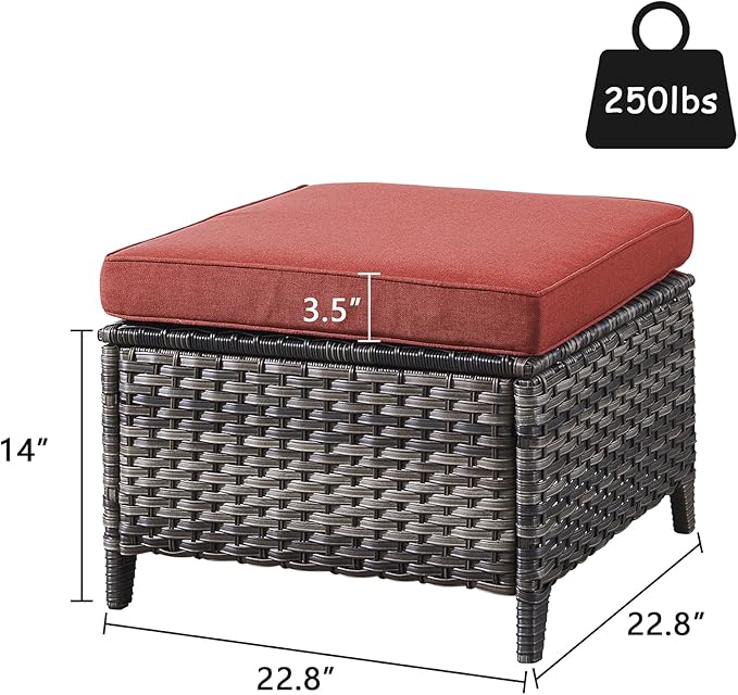 Rilyson Outdoor Ottoman Wicker Patio Ottomans - 2 Piece Footrest Footstools Set Rattan Outdoor Ottomans for Patio with Thick Cushions(Mixed Grey/Red)