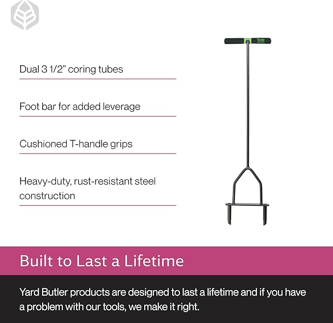 Yard Butler Manual Lawn Coring Aerator, ID-6C - Lawn Care Tool for Aerating - Long-Handled - Power-Coated Steel Construction - Comfortable Cushioned Handles Garden Tool - Easy to Use