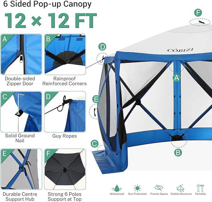COBIZI 12x12 FT Pop Up Canopy Shelter Tent, Large Gazebos On Clearance with Sidewalls, Screened in Gazebo, Screen Tents Portable carpas para Patio for Outdoor Camping, Backyard, Garden, Beach, Blue