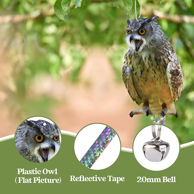 Plastic Owl to Scare Woodpecker from House, 3Pcs Flat Fake Owl to Keep Pigeons Away from Porch, Garden Owls to Scare Pigeon Squirrels, Hanging Owls with Reflective Tape for Balcony Patio Windows Yard