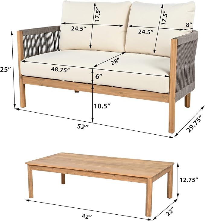Merax 2 Pieces Outdoor Acacia Furniture Set, Woven Rope Outdoor Patio Loveseat with Cushions and Coffee Table, Patio Conversation Sets for Porch, Garden