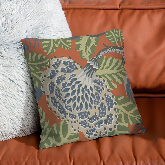 Pillow Cover Navy Blue Floral White Pillow Covers Modern Green and Orange Chinoiserie Pillow Cover Accent Farmhouse Decor Pillow for Patio Furniture Porch 16x16 in