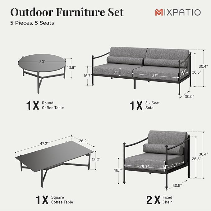 4-Piece Steel Outdoor Patio Conversation Set, All-Weather Garden Furniture with Thick Cushions, Waterproof & Rust-Resistant, Modern Patio Seating for Deck, Balcony, Porch, Backyard - Grey