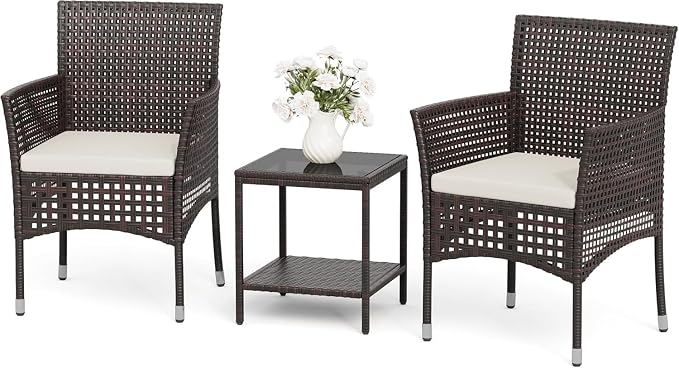 Brown All Wicker Rattan Conversation Sofas Outdoor 3 Piece Patio Furniture Set with Glass-top Coffee Table for Garden Balcony and Porch