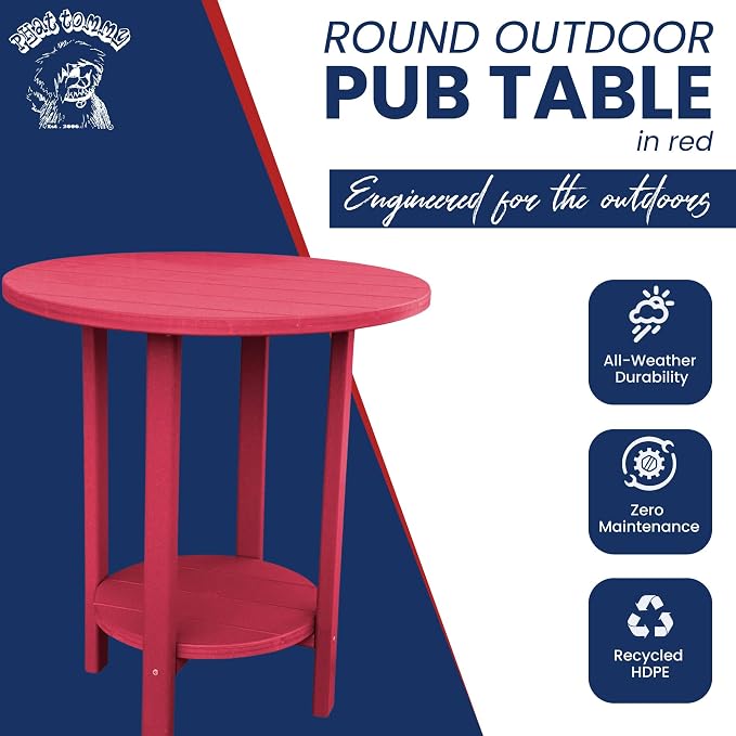 Phat Tommy Round Bar Height Patio Table - Outdoor Bar Table - Balcony Height Patio Furniture for Your Deck - Poly Outdoor Furniture, Cranberry Red