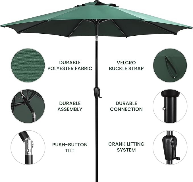 Sun-Ray 9' Round Patio Umbrella with Push-Button Tilt and Hand Crank Lift System, Market Umbrella for Porch, Deck, and Patio