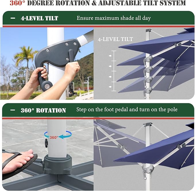 Cantilever Patio Umbrella with Cross Base and Cover Included - 360° Rotation Large Heavy Duty Offset Outdoor Umbrella with Easy Tilt for Pool Backyard Deck Garden (10x13 FT Navy Blue)