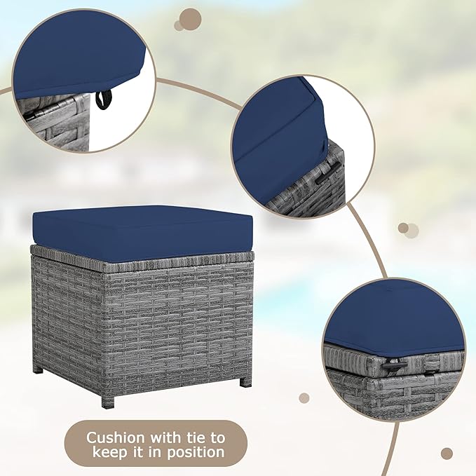 HAPPYGRILL 7 Pieces Rattan Wicker Patio Conversation Set, Outdoor Patio Furniture Set with Cushions, Rattan Sofa Set with Dining Table & Ottomans for Poolside Backyard Balcony Garden (Navy)