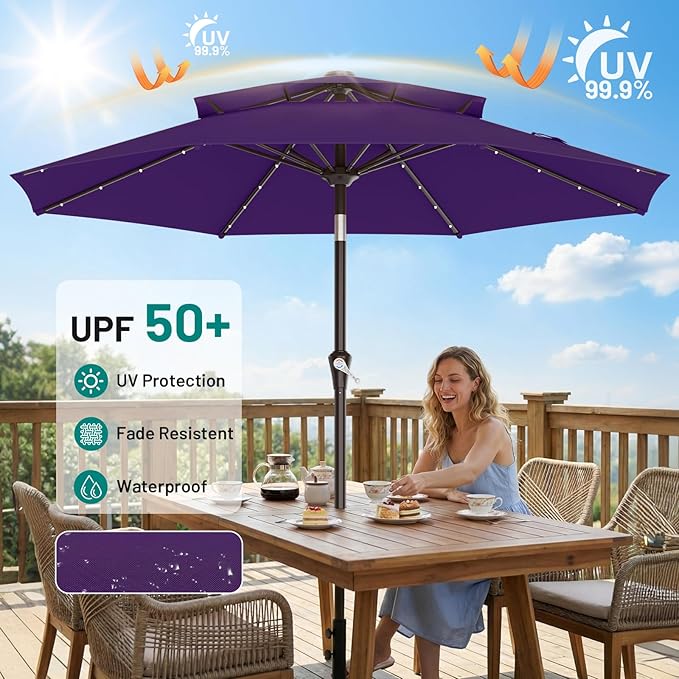 AreShark 9ft 2 Tiers Patio Umbrella with Solar Lights, Outdoor Umbrella w/ 32 LED Lights&8 Sturdy Ribs, Table Umbrella for Deck, Backyard, Pool(Dark Purple)
