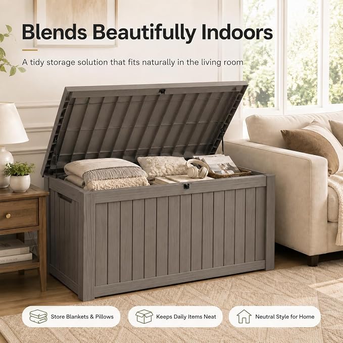 182 Gallon Outdoor Deck Storage Box, Large Waterproof Resin Patio Storage Box, Lockable Bench Seat Holds 2 Adults, for Garden Tools, Cushions & Pool Floats, UV & Rust Resistant, Gray Brown