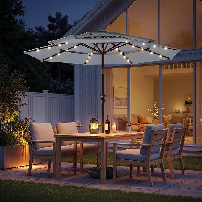 HOMSHADE 9FT 3-Tier Solar Patio Umbrella Heavy Duty,Vented Market Table Umbrella Windproof w/32 LED Lights,UPF50+,5-Year Fade Resistant,8 Thicker Ribs for Pool,Lawn,Garden,Deck (Grey,No Base)