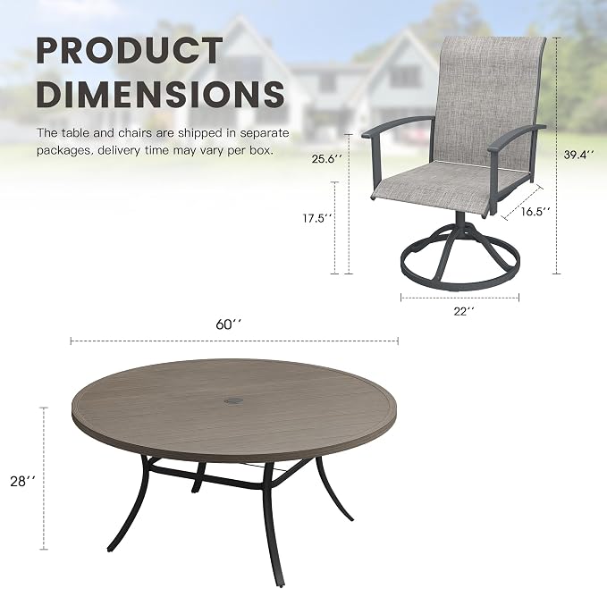 9 Pieces Round Patio Dining Set, Outdoor Furniture of 60" Round Patio Table and Patio Swivel Chairs for Backyard Lawn Garden, Grey Table and Grey Chairs