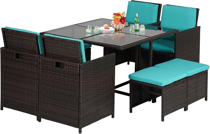 9 Pieces Outdoor Dining Set Patio Table and Chairs Set Space Saving Outdoor Dining Table Set Rattan Patio Furniture Set with Dining Table 4 Chairs 4 Ottomans Cushion for Patio Backyard Poolside, Blue