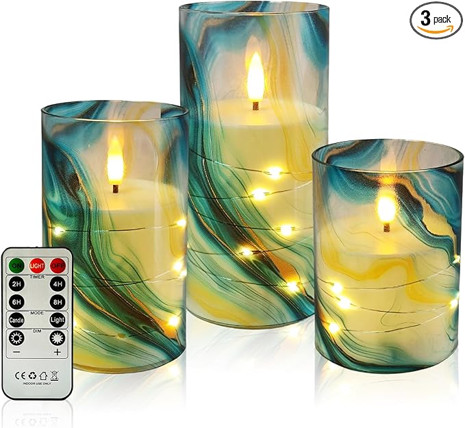 Flickering Flameless Candles, Recessed String Light LED Candles 3D Wick Acrylic Battery Operated LED Pillar Candles with Remote and Timer for Modern Simple Home Decor Set of 3(Marble Printed)