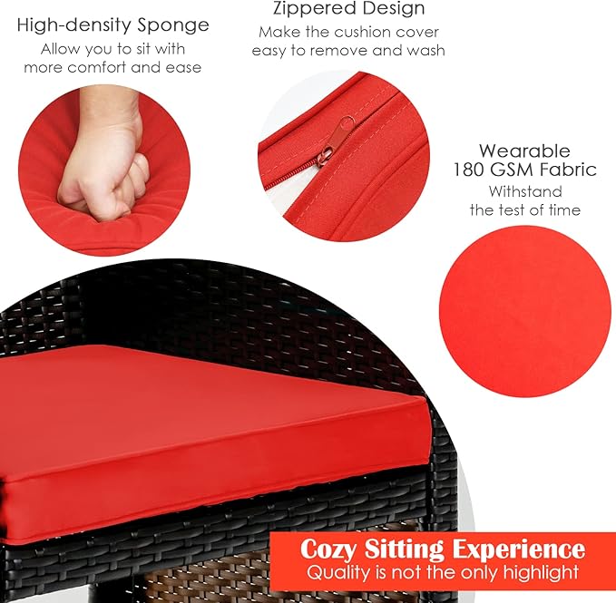 Tangkula 4 Pieces Rattan Furniture Set, Outdoor Conversation Set w/Chair & Loveseat & Tempered Glass Coffee Table, Suitable for Garden, Backyard, Poolside, Patio Furniture Set for 4 (1, Red)