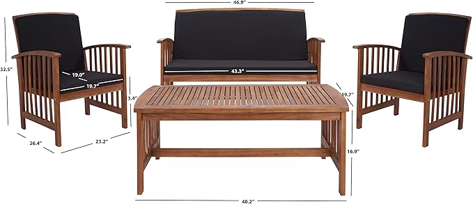 SAFAVIEH Outdoor Collection Rocklin Natural/ Black Cushion 4-Piece Conversation Patio Set