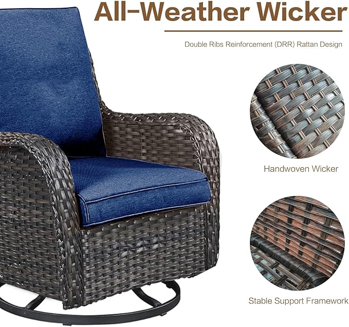 5 Pieces Outdoor Patio Furniture Conversation Set PE Rattan Wicker with 2 Swivel Glider Rocker Chairs, 2 Coffee Table and 1 Loveseat for Yard Backyard Poolside (Brown/Navy Blue)