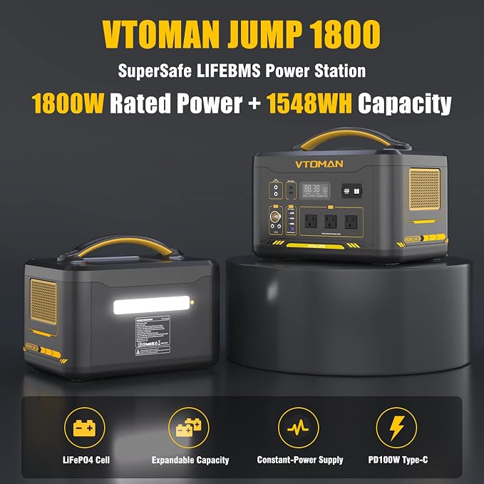 VTOMAN Jump 1800 Portable Power Station with 110W Solar Panel, 1800W/1548Wh LiFePO4 Battery Solar Generator with 1800W Constant-Power, PD 100W Type-C, Capacity Expandable for Camping, Home Backup