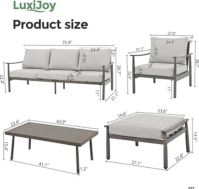 6 Pieces Aluminum Outdoor Patio Furniture Sets with Coffee Table, Cushioned 3-Seat Couch and Armchairs with Ottomans, All Weather Conversation Set for Yard Proch Deck, Greige & Grey