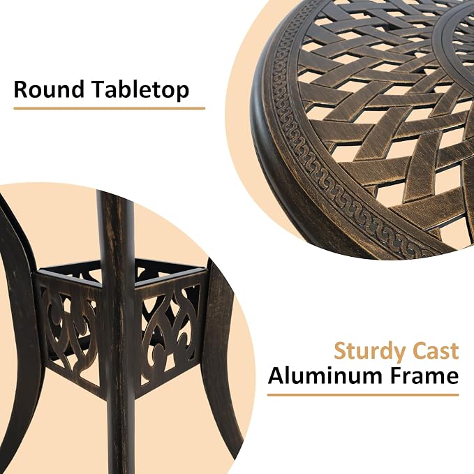 30 inches Patio Table with Umbrella Hole, Aluminum Round Bistro Table, Small Patio Furniture for Porch Backyard Outdoor (Bronze)